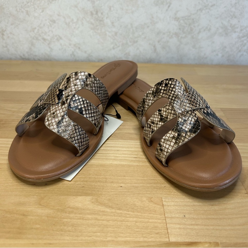 The Drop Snakeskin H Strap Slide Sandals Size 9.5 Brown Flat NWT
